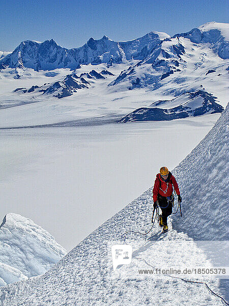 An alpinist climbs an ice slope on the west face of Cerro Torre.