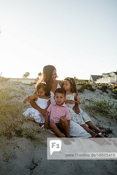Casual Photo of Mom & Kids on Beach in San Diego at Sunset