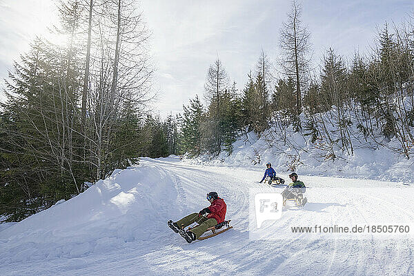 Friends sledding on winter landscape