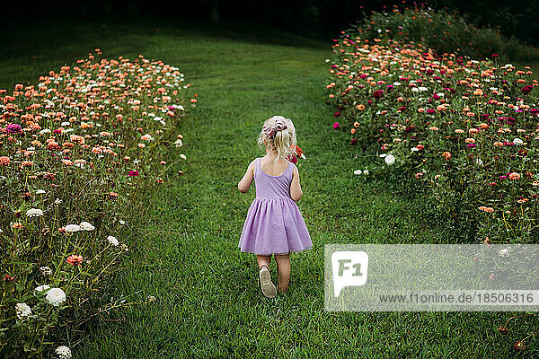 Girl walking through flower field of colorful zinnias