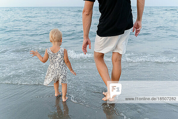 A man with a girl by the hand stands on the seashore  back view