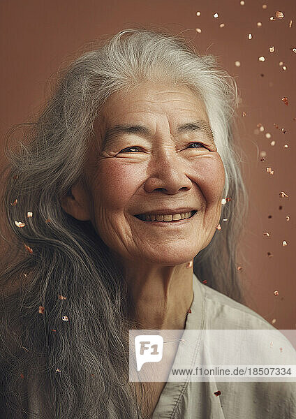 Generative AI. Portrait of a senior woman celebrating in studio