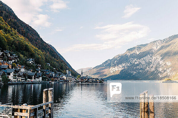 View of Austrian town of Hallstatt is surrounded by a lake and Alps
