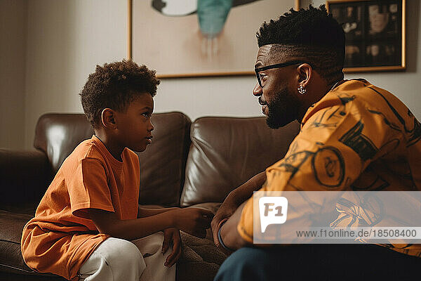 AI Generative. African American dad speaking with his little son