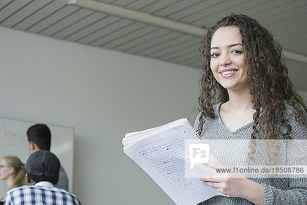 University student studying with notes in classroom School  Bavaria  Germany