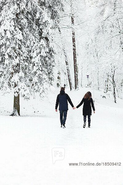 Loving guy and girl walking around the snowy park