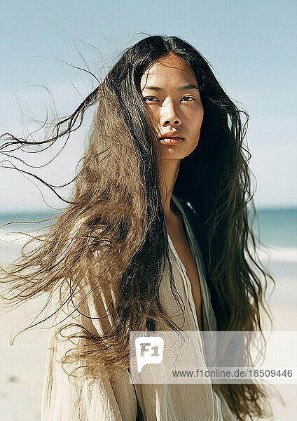 Asian woman with long hair on the beach