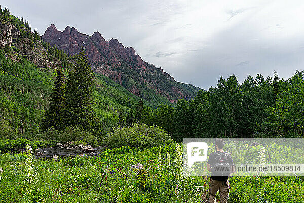 Man Looking At Mountain in Aspen Colorado During Summer