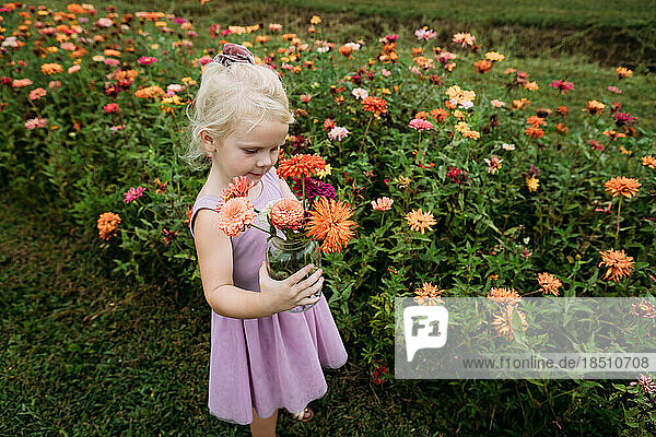 Young girl holding bouquet of zinnias in flower farm