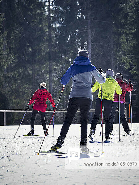 Participants learning cross country skiing course with female teacher  Black-Forest  Baden-Württemberg  Germany