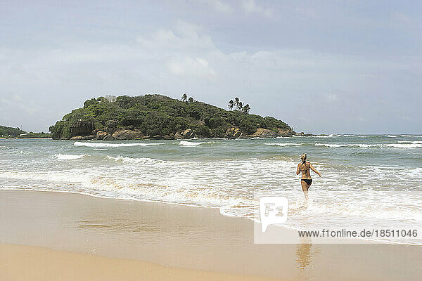 Rear view of a woman walking on the beach  Western Province  Sri Lanka