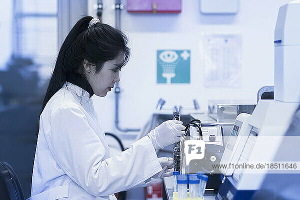 Young female scientist working in a laboratory  Freiburg im Breisgau  Baden-Württemberg  Germany