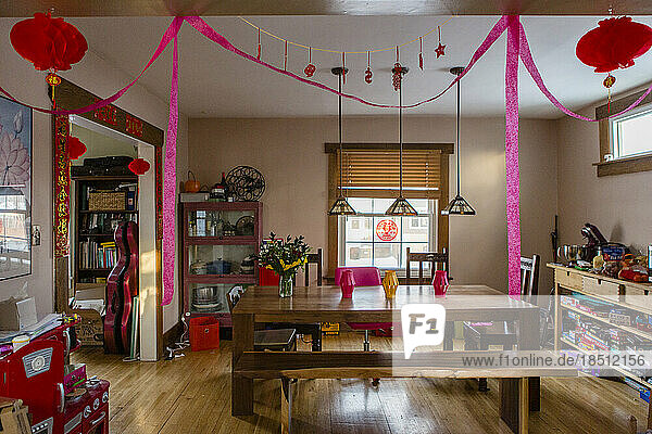 Wide view of a dining room decorated for Lunar New Year celebration
