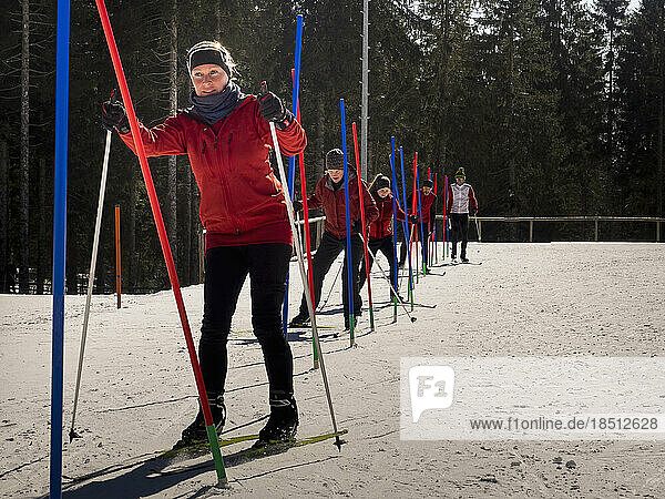 Participants learning cross country skiing course  Black-Forest  Baden-Württemberg  Germany