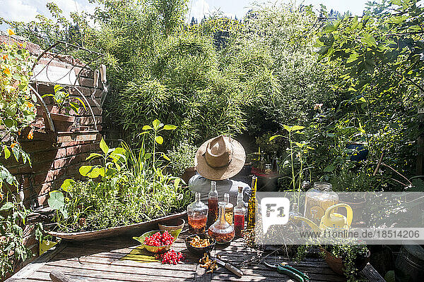Man wearing hat sitting with fresh oil and homemade vinegar in garden
