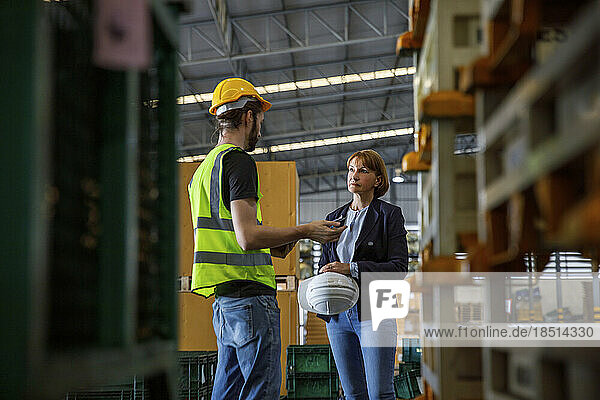 Manager and colleague discussing at warehouse