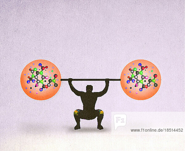 Man lifting barbell filled with molecules