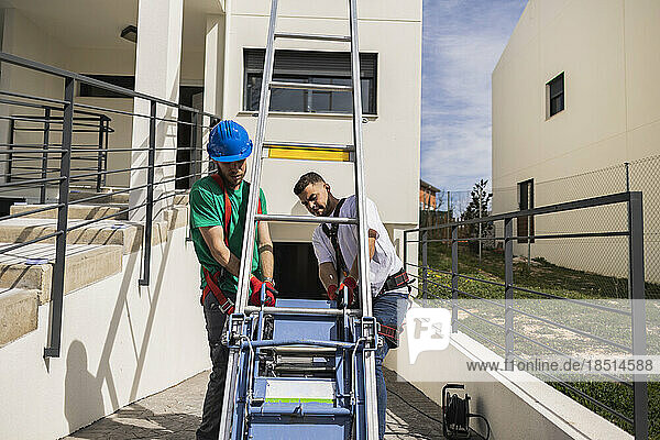 Technicians pulling ladder on sunny day