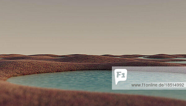 Render of brown rolling landscape with lake in foreground