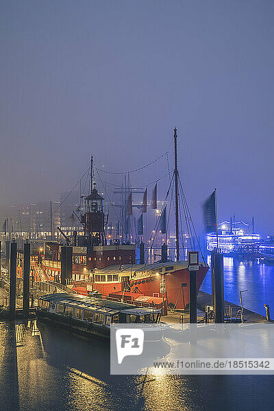 Germany  Hamburg  Ship docked in Port of Hamburg at foggy night