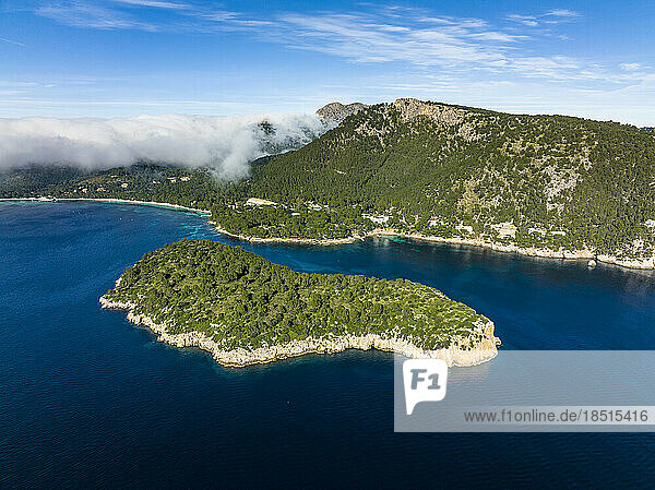 Spain  Balearic Islands  Port de Pollenca  Aerial view of Illa del Geret islet and surrounding landscape