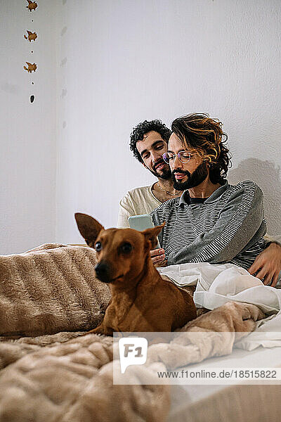 Gay couple sharing smart phone sitting on bed with dog at home