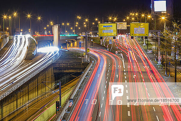 Germany  Baden-Wurttemberg  Stuttgart  Vehicle light trails on federal highways B10 and B27 at night