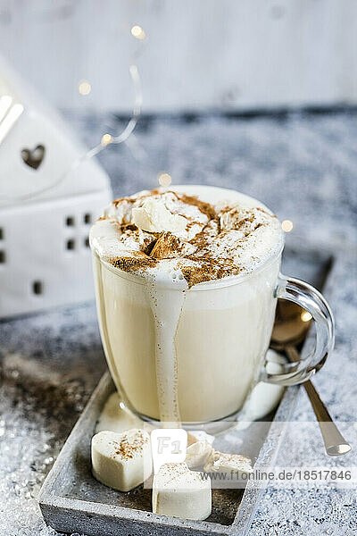 Mug of hot white chocolate with whipped cream and cinnamon
