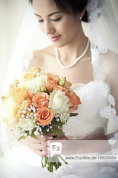 Eine Braut im weißen Hochzeitskleid hält einen schönen Brautstrauß  Rosenstrauß in den Händen  AI generiert