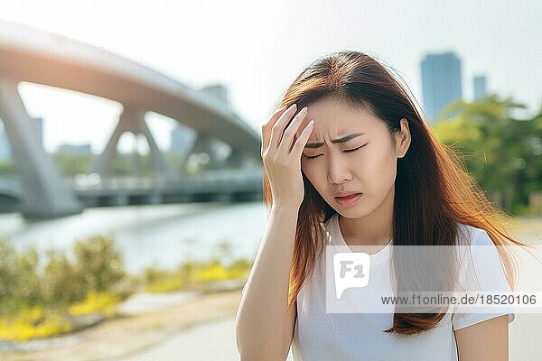 Junge asiatische Frau hält sich verzweifelt mit der Hand den Kopf  Kopfschmerzen  Überlastung  AI generiert