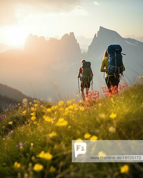 Bergwandern  Mann und Frau mit Rucksack  Wanderung auf einer Sommerwiese in den Alpen  Sommertag  Sonnenuntergang  hinten hohe Berggipfel  AI generiert