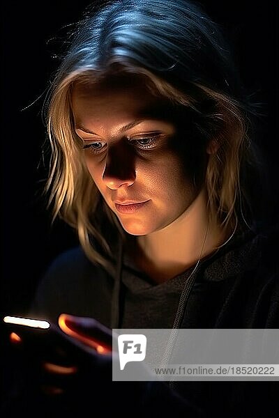 Eine junge Frau  Anfang zwanzig mit blonden Haaren  blickt nachts auf ihr Handy  Gesicht von Display beleuchtet AI generiert