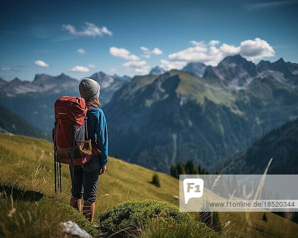 Mountain hiking  woman with backpack  hiking on a summer meadow in the Alps  summer day with blue sky  AI generated