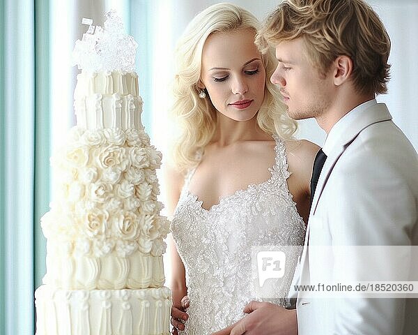 An attractive young wedding couple  bride and groom  wedding cake in the back  AI generated