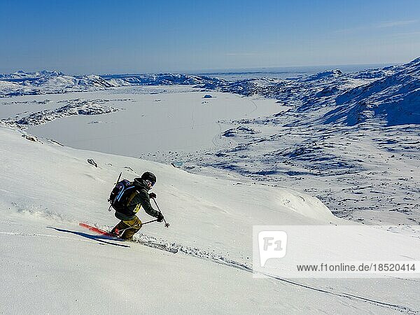 Skibergsteiger bei der Abfahrt  hinten der gefrorene Kong Oscar Fjord  Tasiilaq  Insel Ammassalik  Kommuneqarfik Sermersooq  Ostgrönland  Grönland  Nordamerika