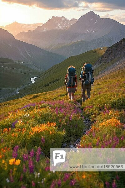 Two mountain hikers with backpacks  hiking in a summer meadow in the Alps  sunrise  high mountain peaks in the background  AI generated