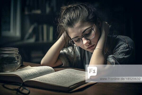 Eine junge Frau mit Brille beim Lernen  Buch am Schreibtisch  Studium  AI generiert