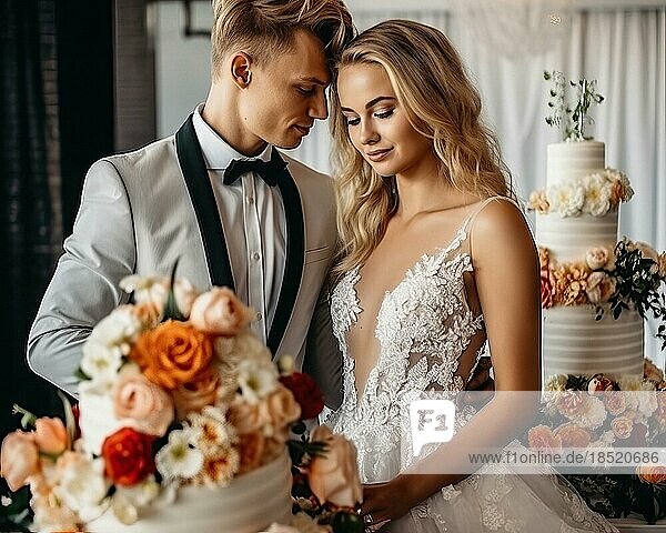 Ein attraktives  junges Hochzeitspaar  Braut und Bräutigam  hinten Hochzeitstorte  AI generiert