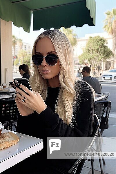 Eine junge Frau  Anfang zwanzig  mit blonden Haaren und dunkler Sonnenbrille sitzt im Straßencafé und blickt auf ihr Handy  AI generiert
