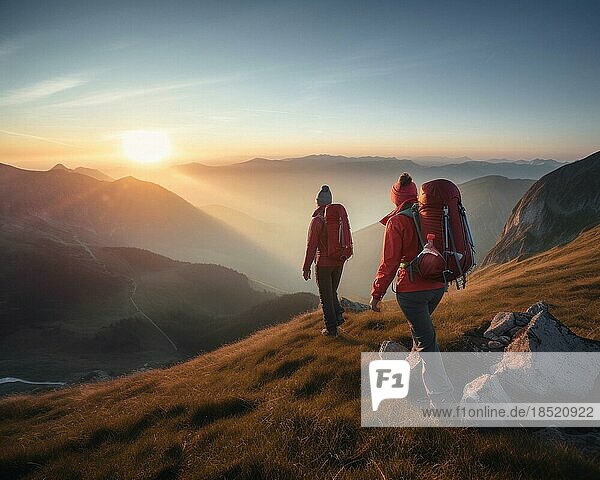 Bergwandern  Zwei Frauen mit Rucksack  Wanderung auf einer Sommerwiese in den Alpen  Sonnenuntergang  hinten hohe Berggipfel  AI generiert