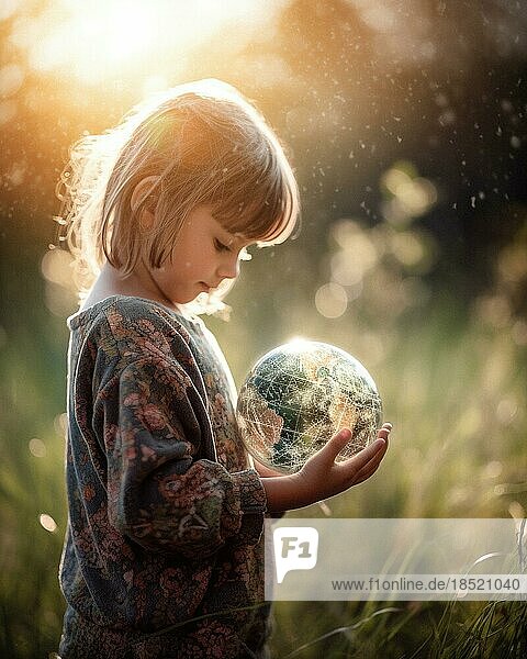 A young girl gently holds a globe in her hands  warm light of the evening sun  concept Children & Climate Protection  AI generates