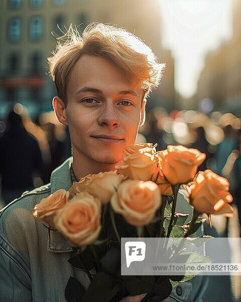 A young man with a bouquet of flowers  bouquet of roses  AI generated
