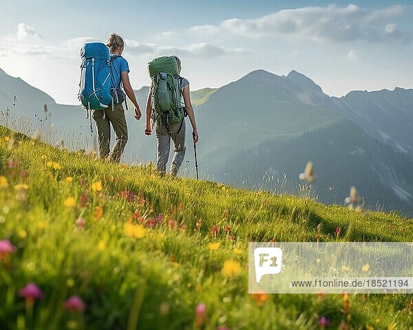 Zwei Bergwanderer mit Rucksack  Wanderung auf einer Sommerwiese in den Alpen  Sommertag mit blauem Himmel  hinten hohe Berggipfel  AI generiert
