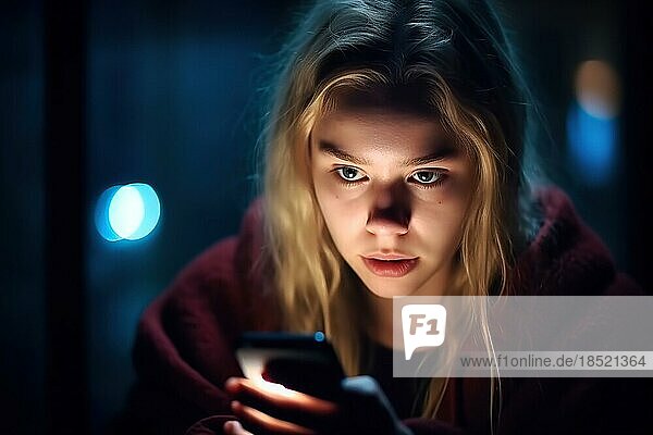 A fifteen year old girl with blonde hair looks at her mobile phone at night  face illuminated by display  Critical gaze AI generated