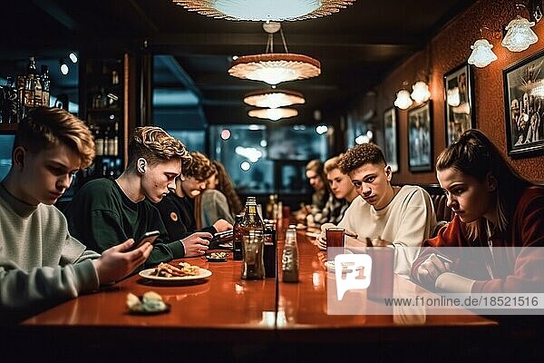 A group of young people in a restaurant are bored with their mobile phones  young men  young woman  AI generated