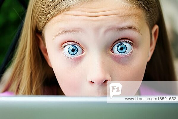 An eight-year-old red-haired girl looks in amazement with wide eyes at the display of a notebook  AI generates