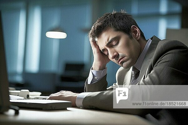 Ein Mann sitzt erschöpft an einem Schreibtisch  Burnout Syndrom  AI generiert