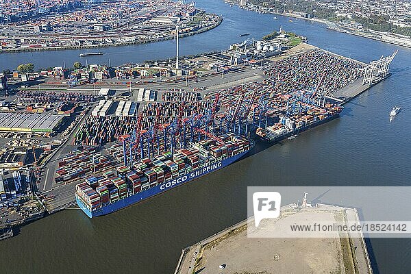 Container Terminal Tollerort mit allen vier Liegeplätzen  Tollerort ist das kleinste Terminal im Hamburger Hafen  CoscomShipping  Containerschiff  chinesisch  HHLA  systemrelevant  Prüfung