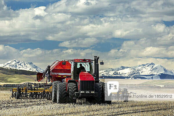 Tractor and seeder  seeding a field with snow covered mountain range in the distance with clouds and blue sky  West of High River  Alberta; Alberta  Canada