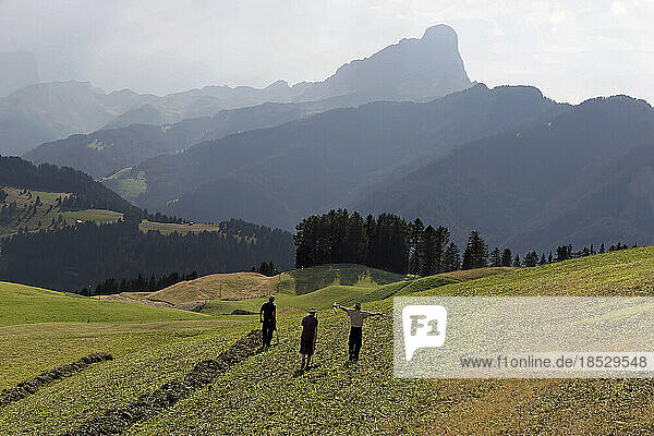 Bauernfamilie auf dem Heimweg nach der Feldarbeit in La Val  mit Blick auf die Dolomiten; La Val  Südtirol  Italien